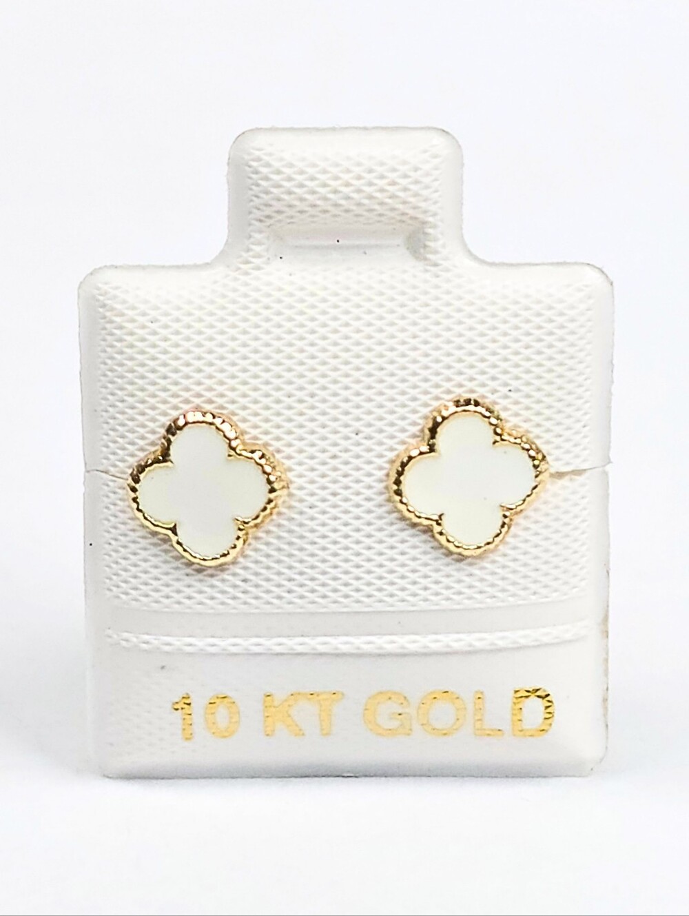 Van Four Leaf White Enamel Stud Earrings Inspired 10K Solid Gold 7mm